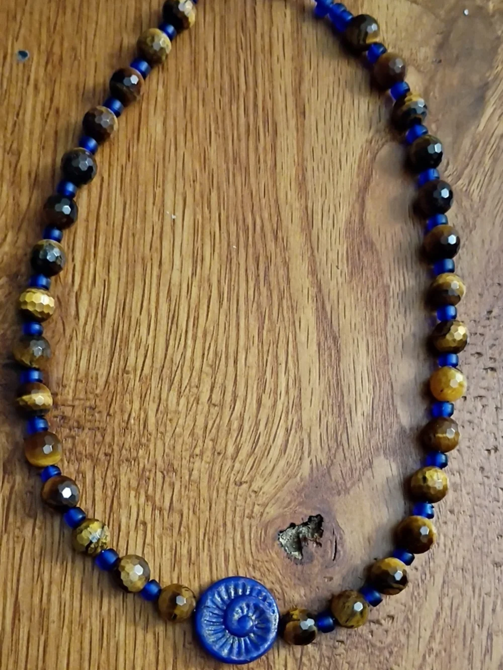Handmade Blue and Brown Tigers Eye Beaded Necklace with Blue Ceramic Pendant